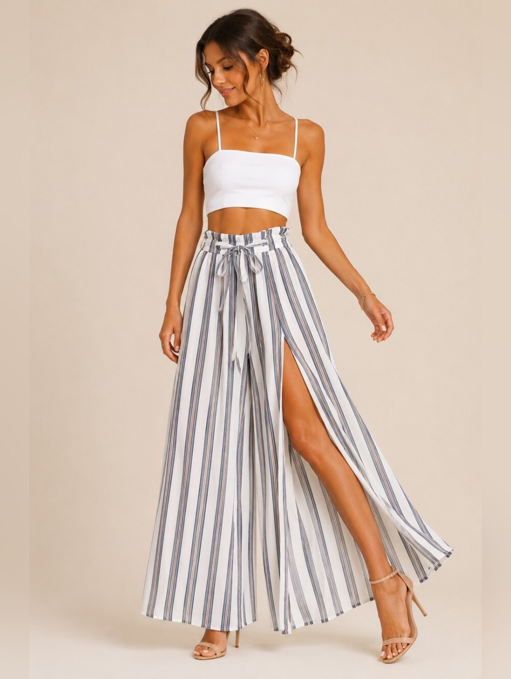 Simplee White Stripe Wide Leg Palazzo Pants Tie Waist Resort Beach Pants Size S - Picture 3 of 13